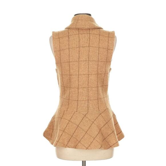 Vintage Ralph Lauren Lambswool Peplum Sweater Vest Plaid Cardigan Camel Beige M - Picture 2 of 7